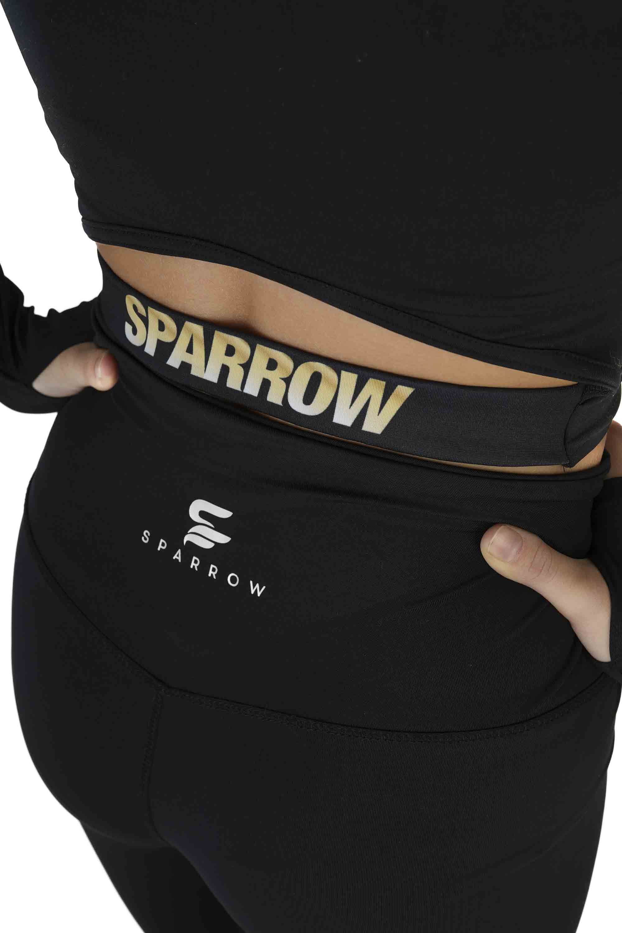 Crop top triko černé, dlouhý rukáv, guma zlaté Sparrow